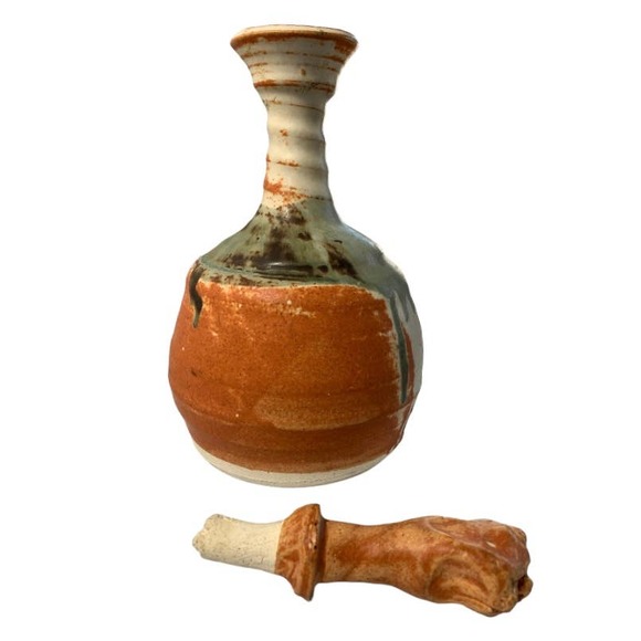 Brutalist Decanter Studio Art Pottery Sanded Slip Glaze Hand Formed Stopper - Picture 2 of 10